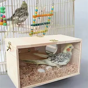 Natural Wood Transparent Viewing Budgie Breeding Box - Hanging Birdhouse for Small, Medium, Large Birds, Non-Skid Cage Accessory, Outdoor Garden Decoration