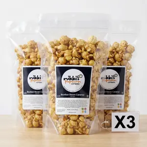 Double Neat Bourbon Bacon Caramel Popcorn – Sweet & Smoky Gourmet Popcorn Snack – Bourbon Inspired, Buttery Caramel Crunch – Unique Whiskey Lover Gifts for Men – 4 Cup Bags, Pack of 3