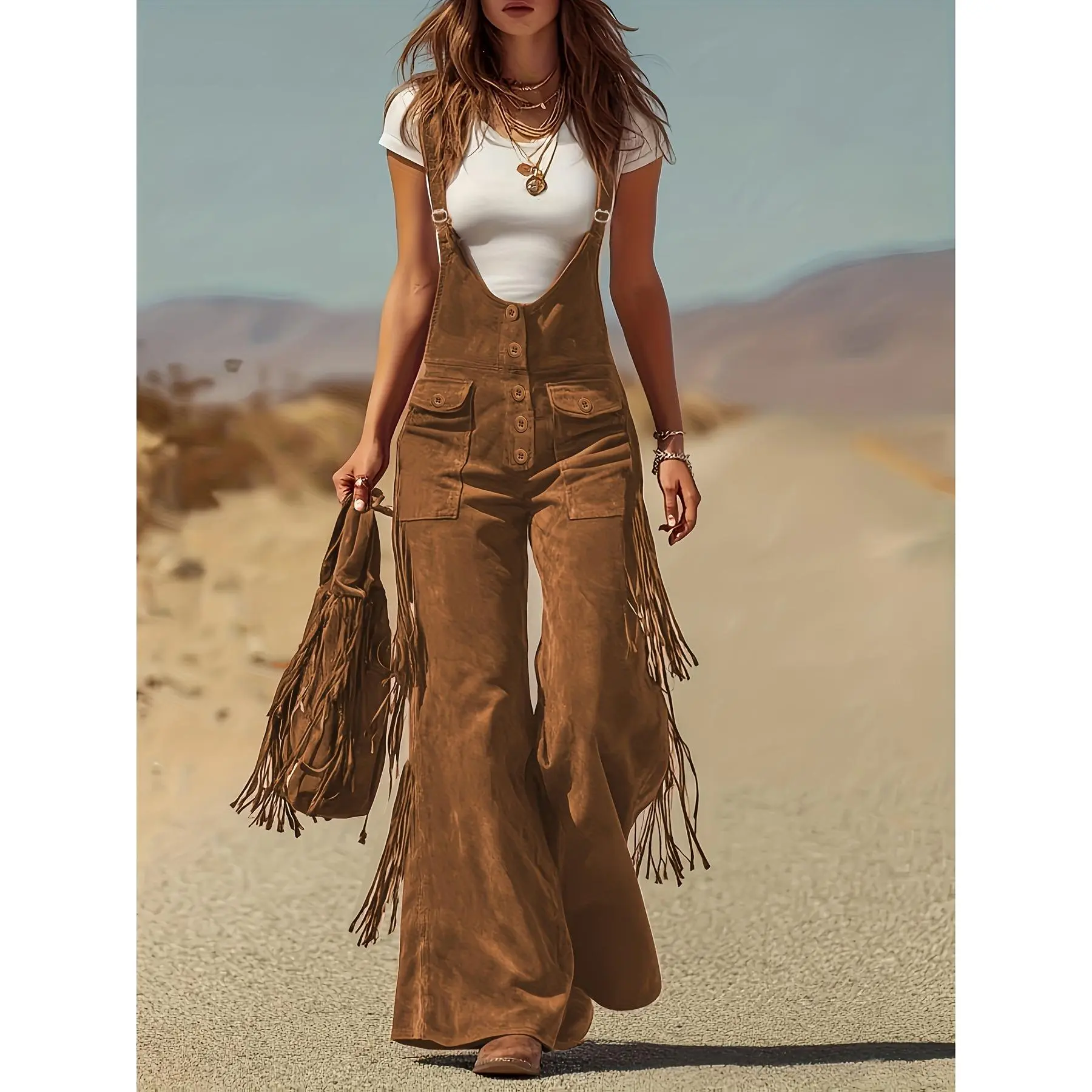 Women's Vintage Wide-Leg Cargo Pants with Fringe Trim - Beltless Waist & Button Closure, Full-Length Maxi Length for 1940s/50s Costume, Outdoor Attire, or Casual Wear - Machine Washable (Spring Summer Fall)