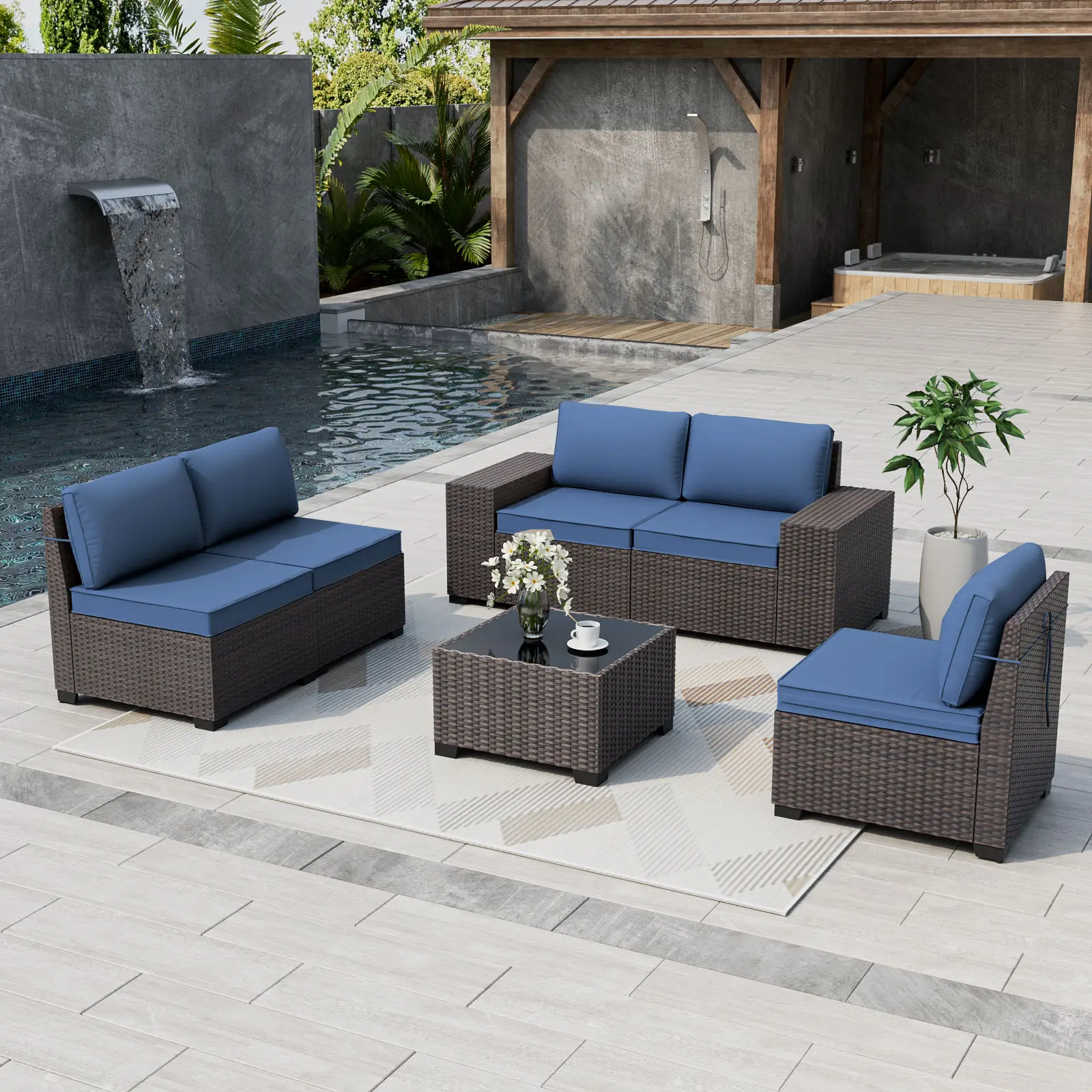 [3 packages delivery]Patio Furniture 6 Pieces Outdoor Sectional PE Rattan Sofa Set Brown Manual Wicker Patio Conversation Set with 5 Seat Cushions and