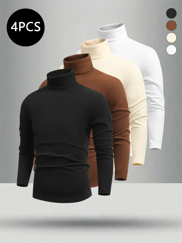 4-Pack Men’s Solid Color High Neck Long Sleeve Base Layer Tops for Everyday Casual Wear — Loose Fit, Comfortable, Classic, Versatile