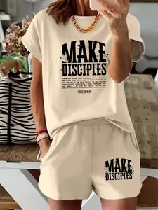 Faith Bible Print Short Sleeve Shorts Set, Spring Summer Casual Fitted, Geometric Pattern, Comfortable Daily Wear for Women