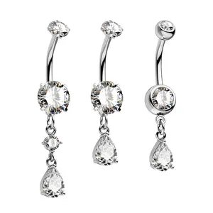 Oufer 3PCS Bundle Dangle Belly Button Rings with Crystal Teardrop Design Elegant and Stylish Piercing Jewelry Set
