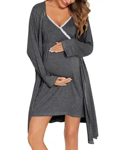 Womens Maternity Robe 2 Piece Nursing Nightgown for Breastfeeding 3 in 1 Labor Delivery Nursing Dress Lace Bathrobe Machine Washable Pregnant Sleepwear Belt Closure Mom Pregnancy