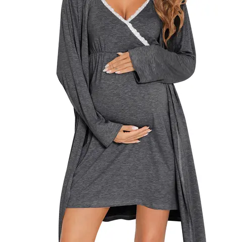 SWOMOG Women's 2-Piece Maternity Robe Set - Long Sleeve Lace Trim Hospital Style Bathrobe with Belt Loop & Closure, Knee-Length Pull Down Bust Nursing Nightgown, 3-in-1 Labor Delivery Pregnancy Clothes, Machine Washable Sleepwear, Nursing Dresses Breastfe