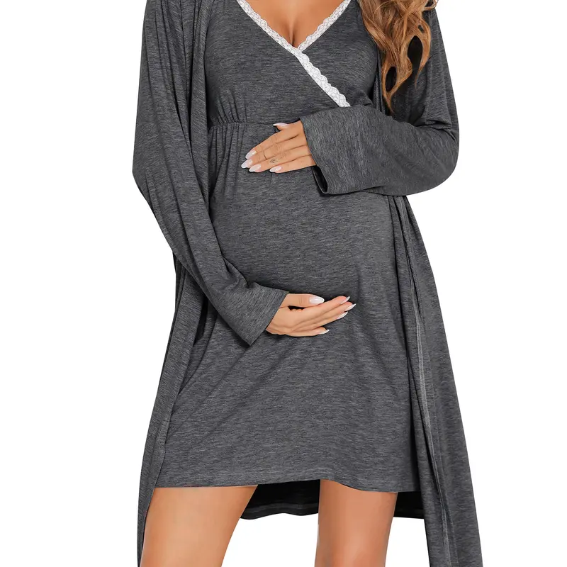 SWOMOG Women's 2-Piece Maternity Robe Set - Long Sleeve Lace Trim Hospital Style Bathrobe with Belt Loop & Closure, Knee-Length Pull Down Bust Nursing Nightgown, 3-in-1 Labor Delivery Pregnancy Clothes, Machine Washable Sleepwear, Nursing Dresses Breastfe