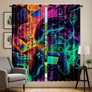 2-Piece Game Controller Design Light Filtering Curtains, Polyester Half-Transparent Drapes for Bedroom Living Room Office, Home Decoration Curtain