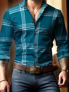 Men's Plaid Print Button Front Shirt, Casual Fashion Shirt, Regular Fit Long Sleeve Collared Top for All Seasons, Men's Clothes for Daily Wear