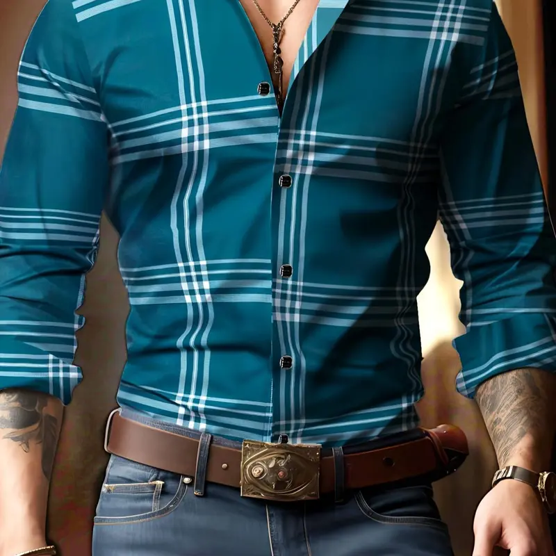 Men's Plaid Print Button Front Shirt, Casual Fashion Shirt, Regular Fit Long Sleeve Collared Top for All Seasons, Men's Clothes for Daily Wear, Casual Fashion Apparel