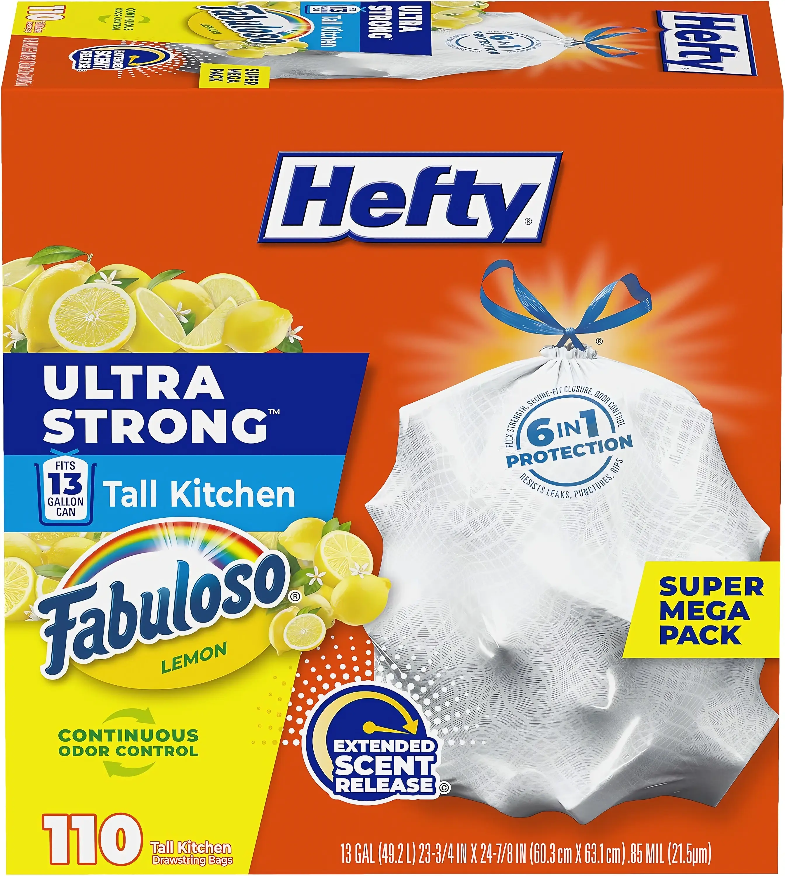 Hefty Ultra Strong 13 Gal Kitchen Trash Bags, White, Fabuloso Lemon, 110ct | Bulk Pack, 13G Tall White Trash Bags w/ Drawstrings for Kitchen, Resists Leaks, Punctures, Rips, Continuous Odor Control