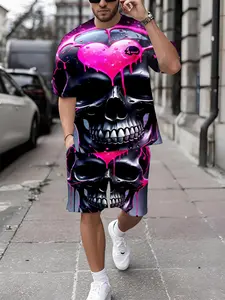 Pink Heart Gradient Skull Printed Men's Short Sets, Loose Stylish 2-Piece Outfit, Men's Cyberpunk Style Wear