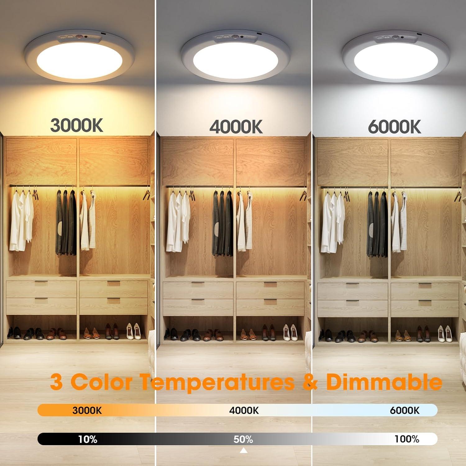 Rechargeable LED Ceiling Light with Motion Sensor, 3 Lighting Options, 10 Brightness Levels Battery Operated Closet Lights, Remote Control Dimmable Timing Motion Shower Lights for Living Bathroom Pantry Hallway Porch