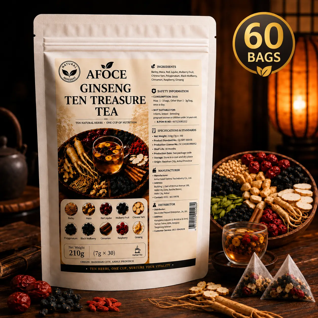 AFOCE 10-Treasure Ginseng Herbal Tea Bags, 60-Count 420g, Caffeine-Free Blend with Maca, Red Date, Mulberry, Black Goji Berry, Adult Leisure Drink