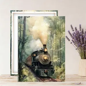 Retro steam locomotive canvas painting, framed in wood, steam locomotive print, locomotive art, forest landscape painting, suitable for decorating living rooms, bedrooms, and offices.
