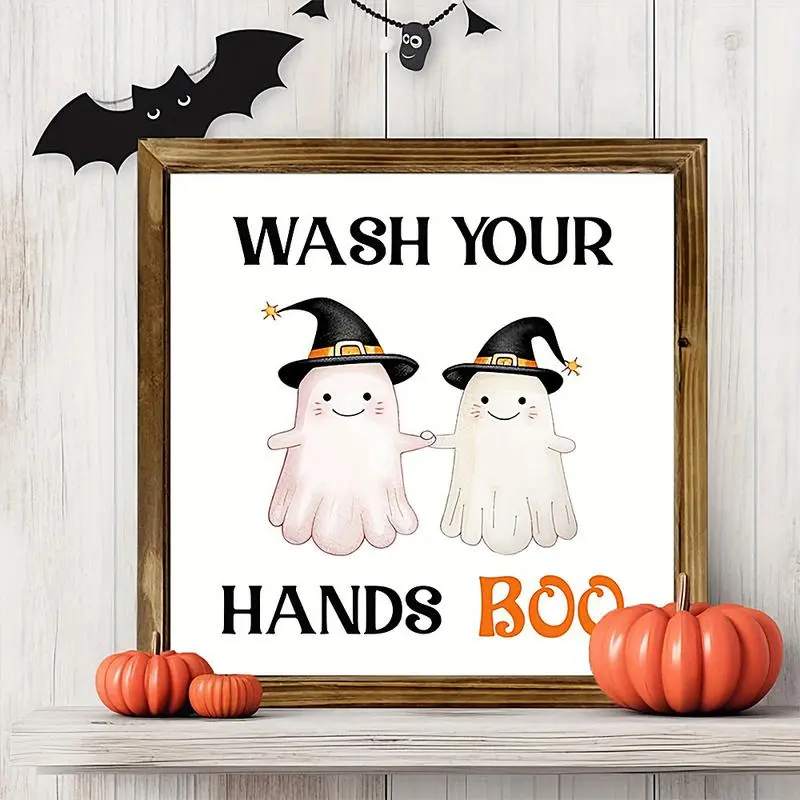 Halloween Bathroom Door Decor, Festive Decoration, Party Decoration, Cute Witch Hat & Ghost Design, Rustic Wood Plaque with Metal Hooks, Indoor Outdoor Use, No Batteries Needed