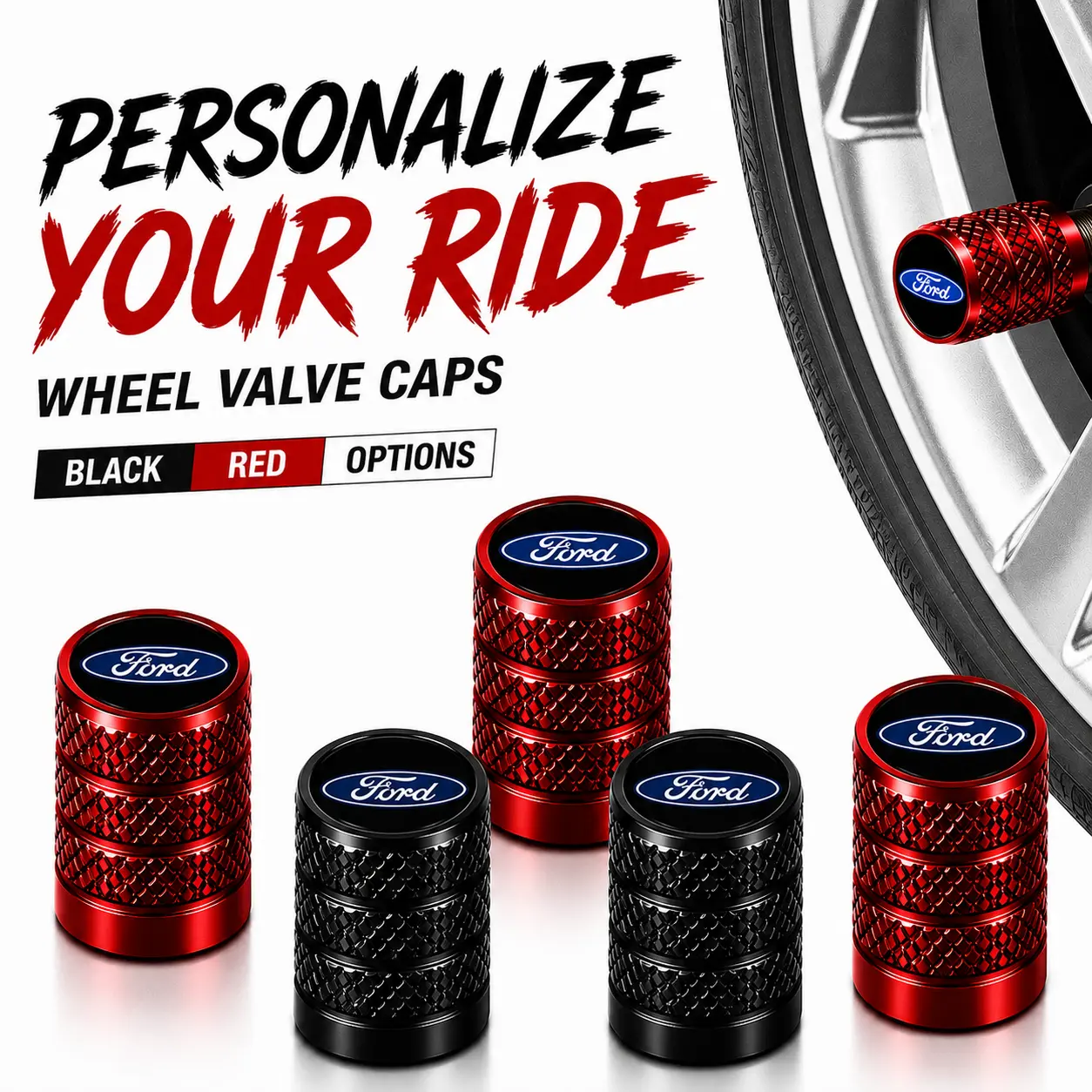 5 Pack Ford Logo Knurled Aluminum Tire Valve Stem Caps, Rubber O-Ring Leakproof Anti-Corrosion Dust Proof, Fit F-150 Escape Explorer Ranger Bronco Mustang Edge SUV Truck, Universal Schrader Valve Easy Install TPMS Safe Auto Wheel Mod Decor Parts