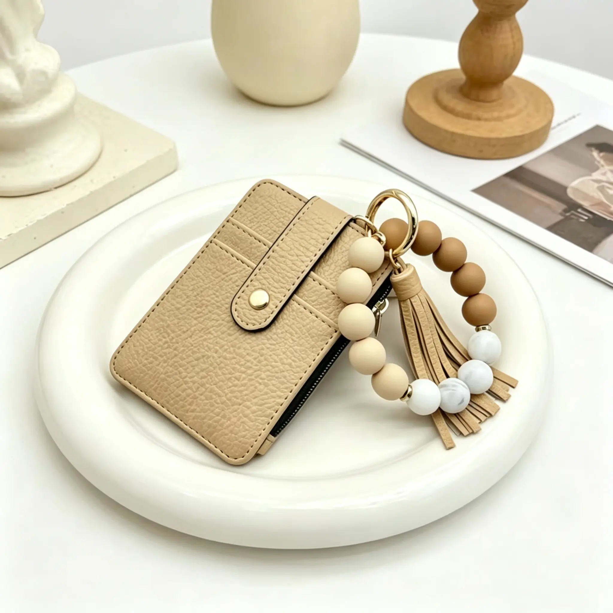 Boho Silicone Beaded Wristlet Keychain With Tassel, Aesthetic Leopard Print Card Holder Wallet With Card Slots, Wrist Key Ring Bracelet Purse Organizer, Handmade All-match Accessory, Ideal Mother’s Day & Birthday Gift For Women Girls