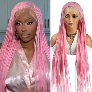 DOSAY Pink Cosplay Braided Wigs Colored Side Part Cornrow Braids Synthetic Full Lace Braiding Hair Wigs Knotless Box Braids For Women #27 #613 RED