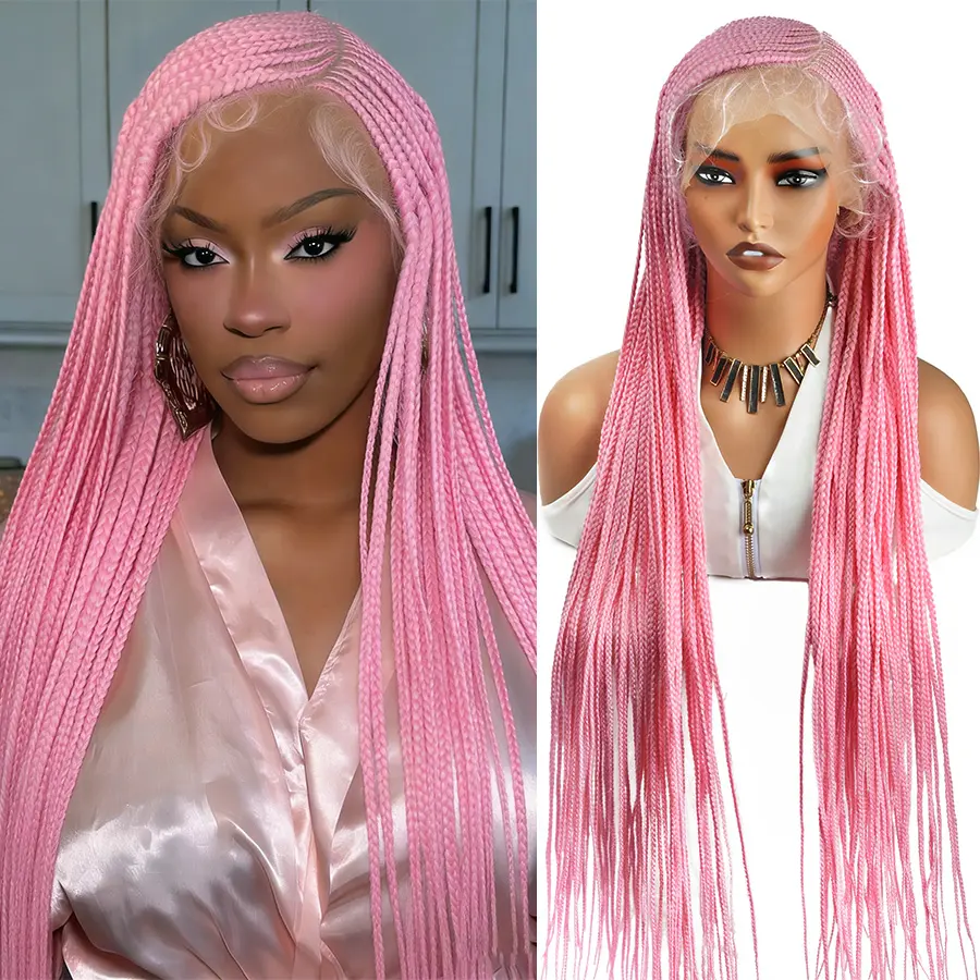 DOSAY Pink Cosplay Braided Wigs Colored Side Part Cornrow Braids Synthetic Full Lace Braiding Hair Wigs Knotless Box Braids For Women #27 #613 RED