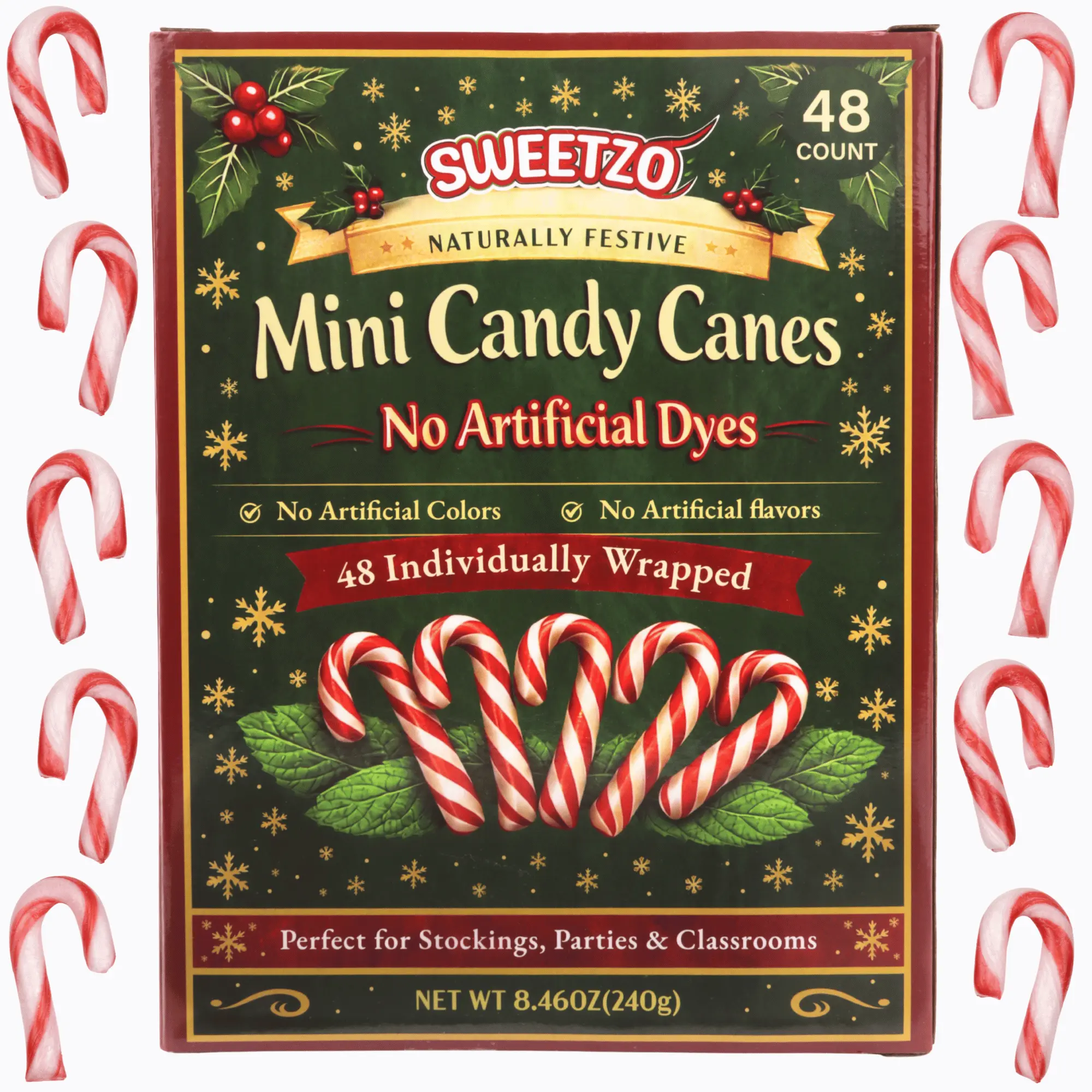 Mini Peppermint Christmas Candy Canes, Made with No Artificial Dyes, Individually Wrapped, 48 Pieces