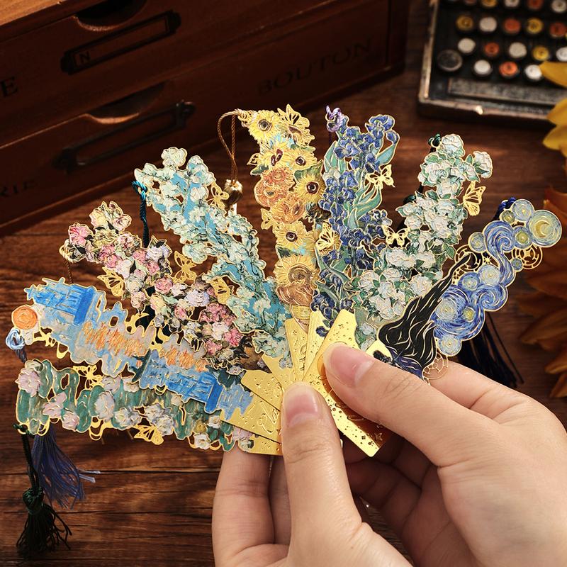 8-Piece Gold Metal Bookmark Set with Tassel, Van Gogh and Monet Famous Oil Painting  for Book Lovers, Readers, Students, Teachers,  Birthday  Gifts。 A Perfect Gift for Readers and Teachers,book accessories for home&office& school