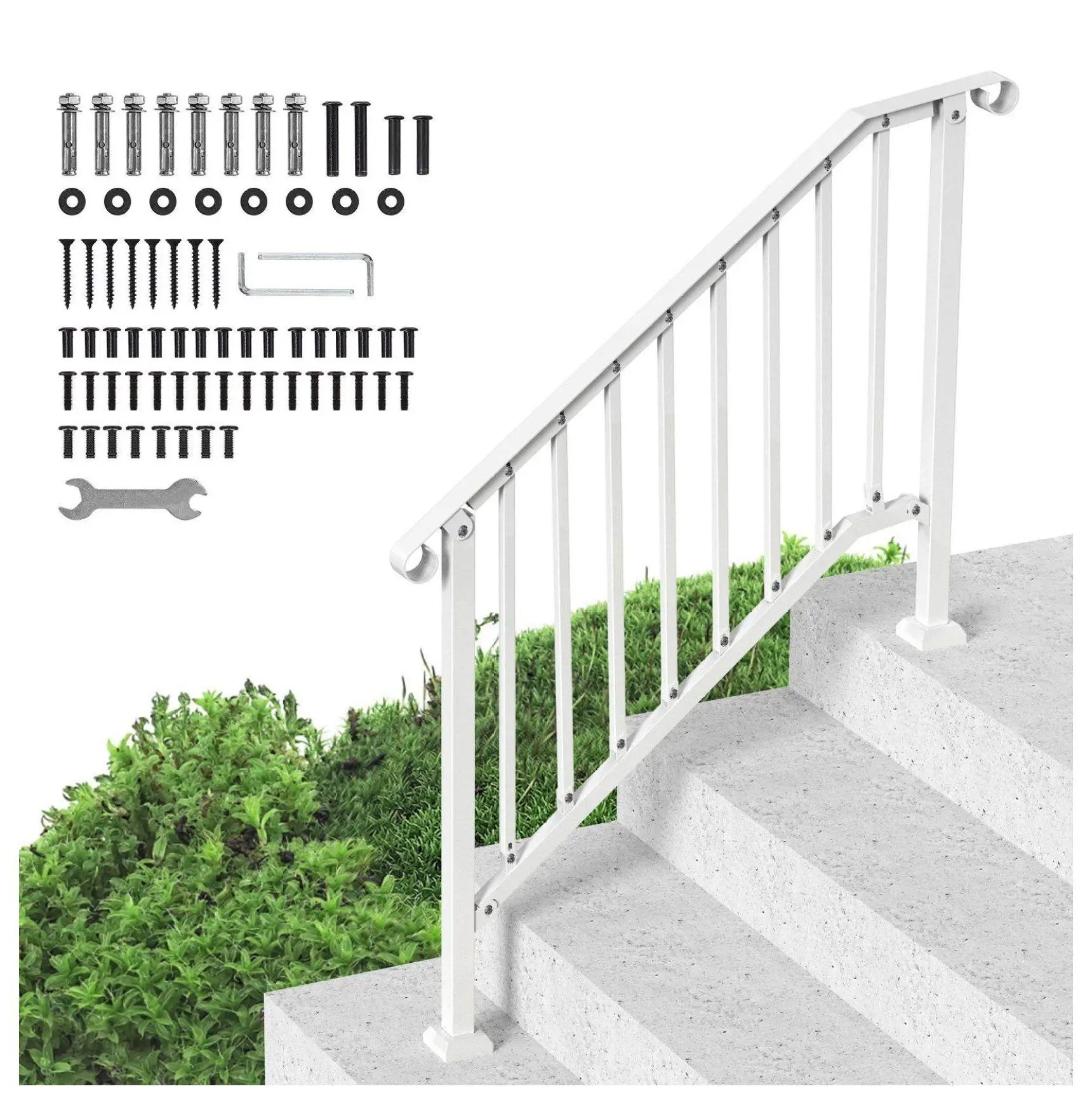 Outdoor Stair Handrails 3-4 Step, White Carbon Steel Railing Kit for Concrete Steps, Porch & Deck - Seniors & Safety Rail Style 2