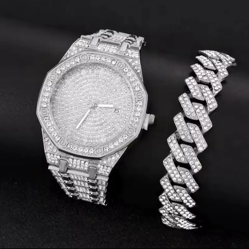 Men's Iced Out Watch and Bracelet Set with Rhinestone Accents and Silver Tone Finish