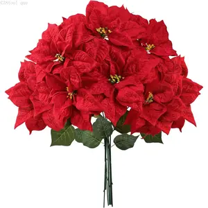 Christmas Poinsettia Flowers 9.8’’ Large Heads 6 Pcs Red Velvet Fake Plants with Greenery Leaves Faux Silk Christmas Poinsettia Bouquets for Home Vase Indoor Outdoor Xmas DecorC38tool que