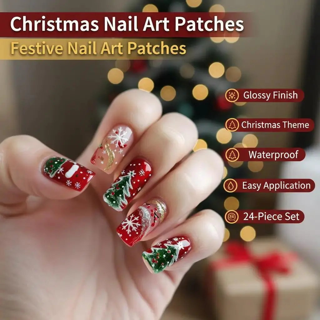 Christmas Press-On Nails Kit, 24 Pieces Cute Long-lasting Nail Art, Waterproof Red & Green Glossy Set with Gold Glitter Tree, Easy Apply Full Sizes, Holiday, Hand-Painted 3D Trees, Basic, New Year’s Dates, Party, Sheet, Fashion Unisex, Press-On Set