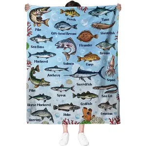 Fish Blanket Gifts for Fish Lover, Fishing Gifts for Men Boys, Fishing Decor, Soft Throw Blanket, Birthday Christmas Thanksgiving Gifts for Aquarium Lovers, 50" X 60", Printed on One Side with a Plain White Back, Halloween Thanksgiving Christmas Gift
