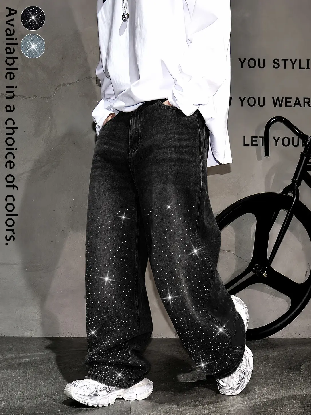 Vintage Washed Rhinestone Baggy Jeans for Women Men Loose Straight Leg Denim Pants Sparkle Streetwear Hip Hop Y2K Casual Wide Leg Trousers Retro Distressed Denim Bottoms Trendy Everyday Outfit Concert Party Club Pants Fashion Outfit For Daily Wear Apparel