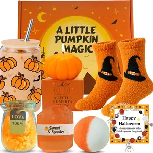 Basket Gift for Women, 7 Spooky Gift Set Including Glass Cup, Halloween Pumpkin Gifts for Friends Teen Girls (Pumpkin)