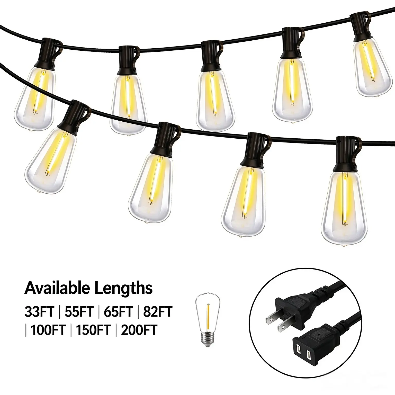 Outdoor string lights, 110V waterproof shatterproof LED Edison bulb lights, heavy-duty 19-core wire, connectable patio bistro lights for backyard garden porch party decor