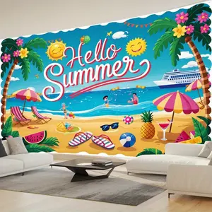 1pc Hello Summer Party Banner - Vibrant Tropical Beach Theme with Palm Trees, Pineapples & Cruise Ship Design - Durable Polyester Photo Backdrop for Birthdays, Graduation, Mother's Day, Father's Day, Garden & Home Wall Decor, Summer Party Decorations
