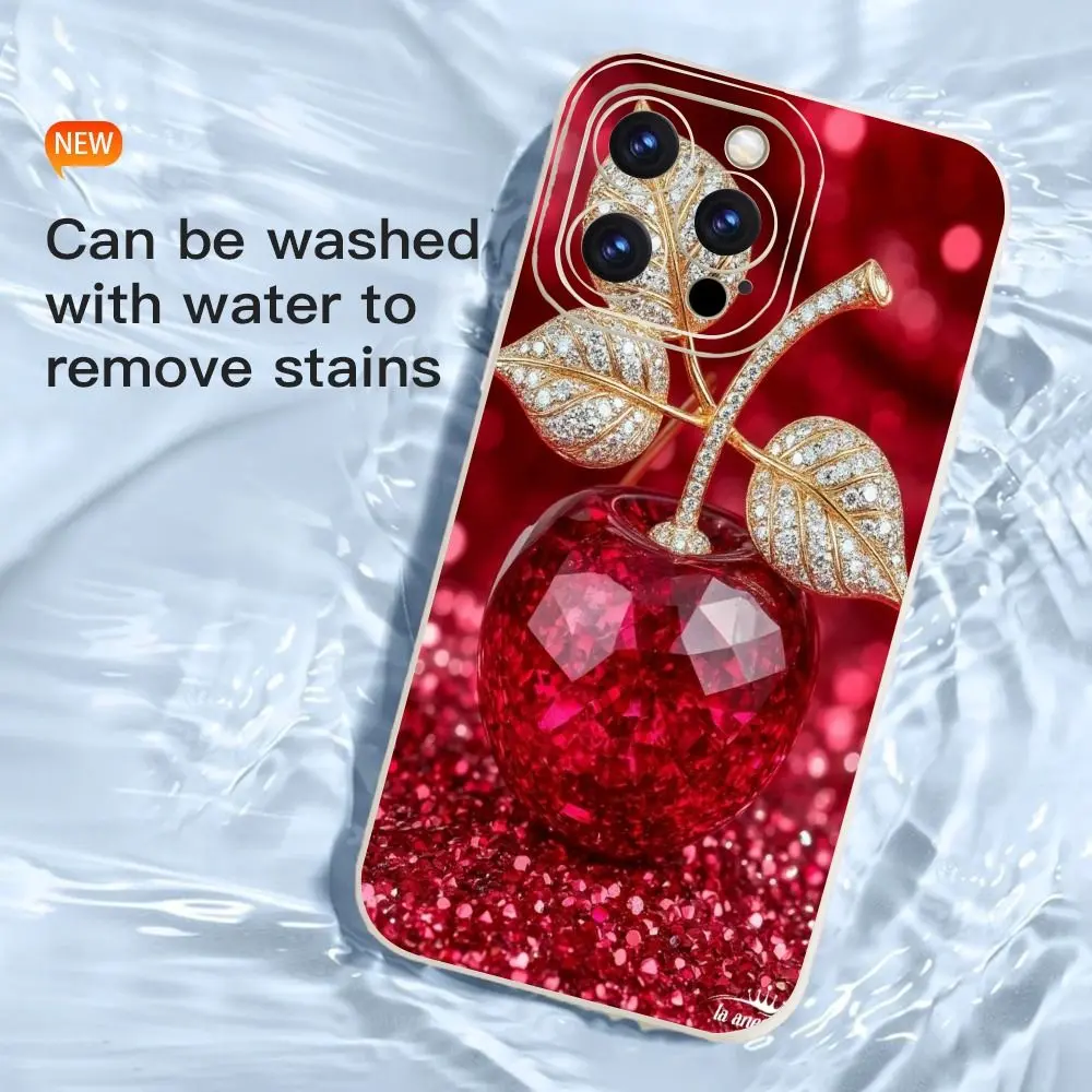 Personalized Fashion Red Cherry Diamond Leaf Case for iPhone 17 17 Pro 17 Air 17 Pro Max and 16 15 14 Plus 16 15 14 13 12 Pro Max Fashion Full Coverage Protective Case Anti-drop Anti-slip TPU Soft Case Creative Colorful Phone Case Red Cherry Diamond Leaf