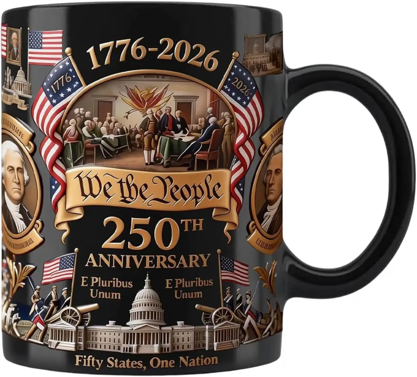 1776-2026 America 250th Anniversary Mug, We The People Patriotic Coffee Mug, Black USA Commemorative Gift, 3D Print Effect Mug
