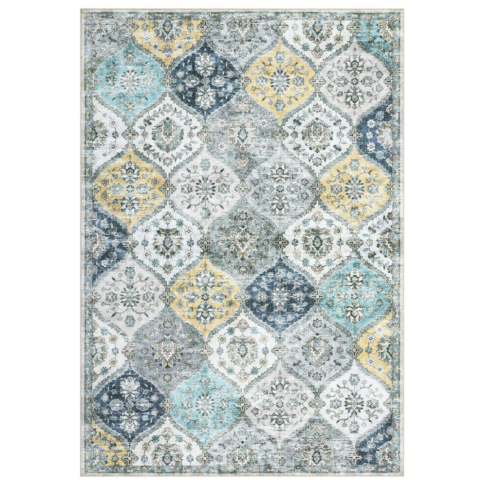 Washable Vintage Hallway Runner Retro Accent Floral Print Kitchen Mat Blue/Yellow 2 x 6(ft)-A