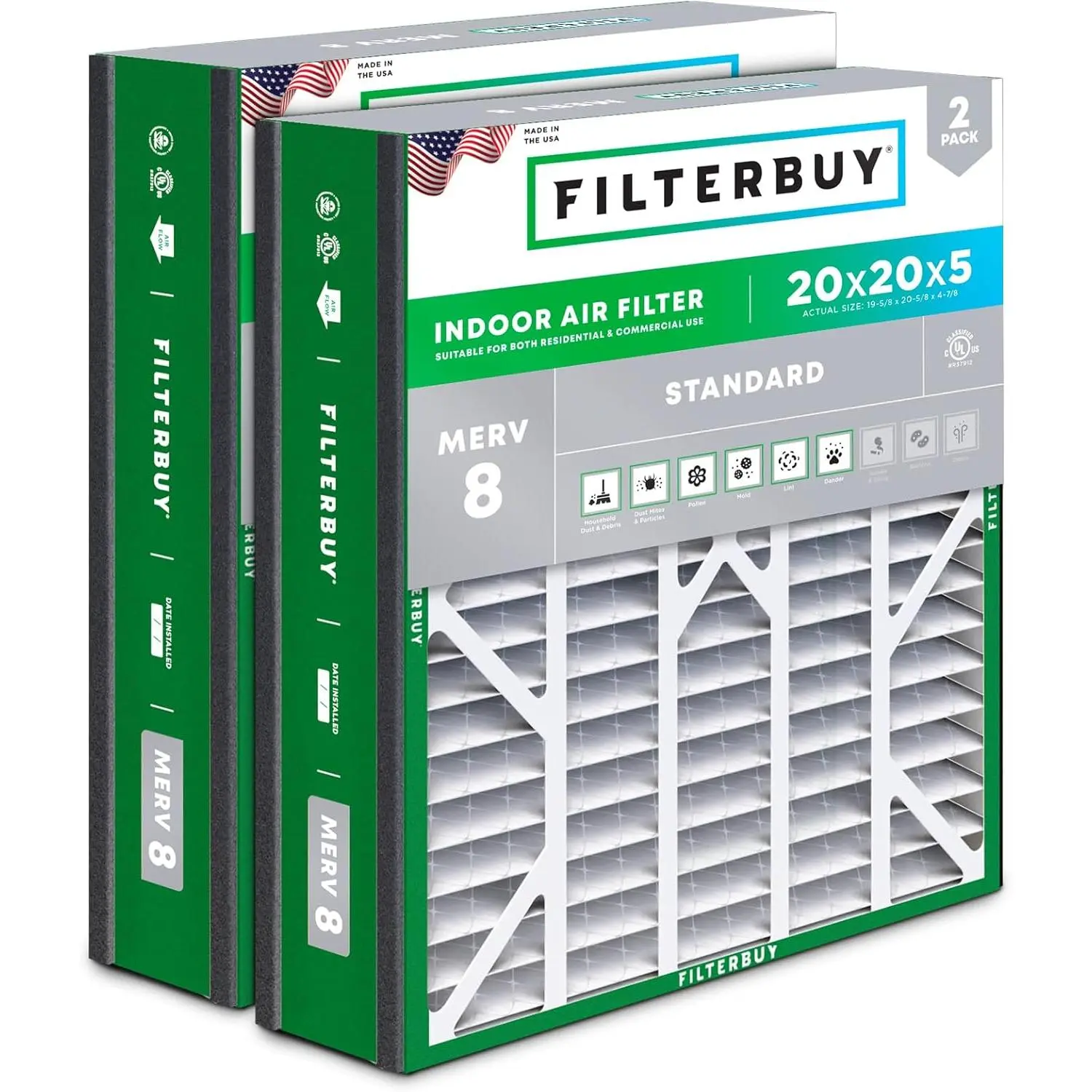 Filterbuy 20x20x5 Air Filter (2-Pack), Pleated MERV 8 Dust Defense HVAC AC Furnace Air Filters for Trion Air Bear 255649-103 & More