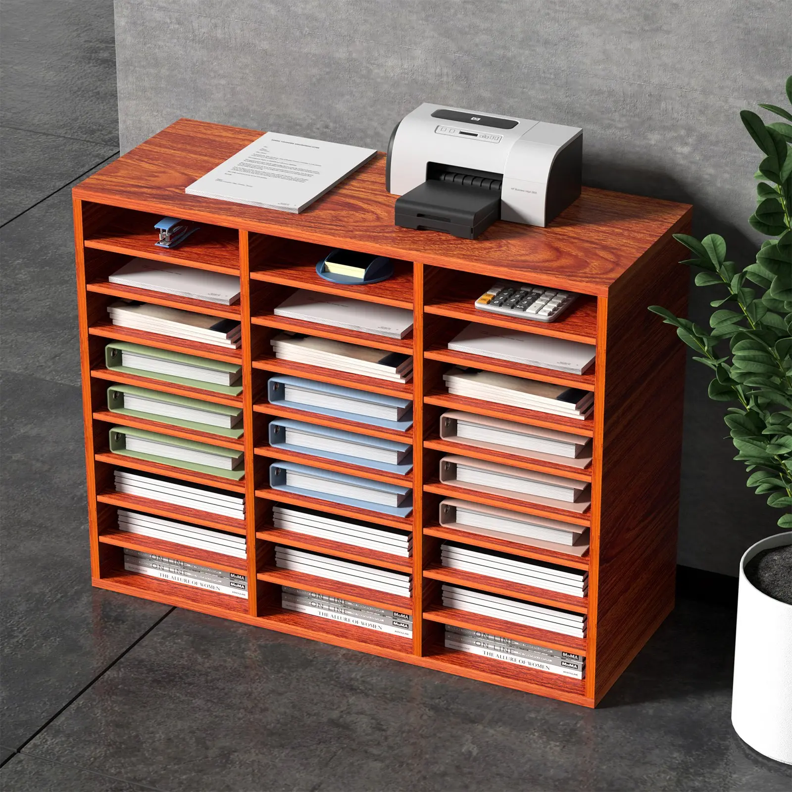 【summerfinds】VEVOR Brown Wood Literature Organizer with 27 Slots, Book Organizer, Desk Tidy, Paper File Sorter, Office Desk Accessories, Desk Organizer Supply, Table Organizers