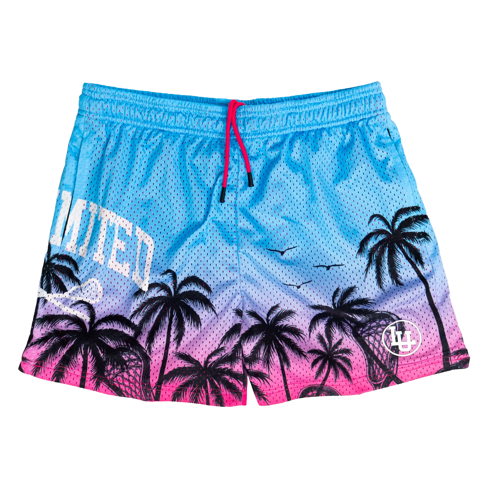 Alpha Lacrosse Shorts - Miami Vibes, Miami Lacrosse Cut, 5" Short Cut, Sporty Chic, Drawstring Elastic Waist, Above the Knee, Quick Phone Access, Mesh Back Airflow, 100% Flat Back Polyester Mesh, Improved Look and Feel, Size M, Faux Fly Detail