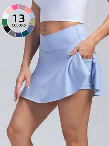 Summer Tennis Skirt Pure Color Lulu Pleated Anti-Slip Sports Short Dress Inner Pocket Fake Two-Piece Yoga Skirt for Women Athletic Skort Breathable Skorts