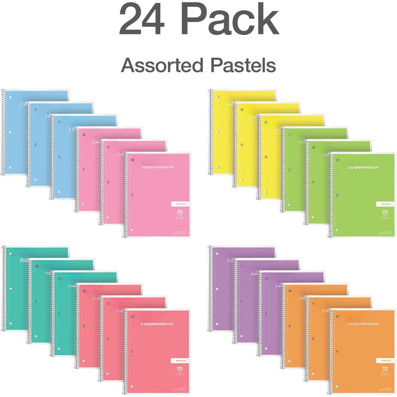 - Spiral Notebook 24 Pack of 8 Pastel Colors, 1 Subject, Wide Ruled, Notebooks for School - 8x10.5 Inch - 70 Sheets
