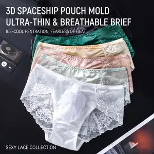 Men’s French Lace Low-Rise Briefs, Ice Silk Breathable Sheer Underwear with 3D Molded Comfort Pouch, Lightweight Cool Touch Bikini Briefs Menswear Socks Stretchy