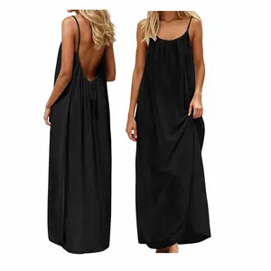 Women's Backless Spaghetti Strap Maxi Dress Loose Flowy Sleeveless Summer Beach Vacation Casual Sundress