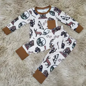 Brown long sleeves deer hunting pocket top & pants sleepwear toddler boys pajamas set