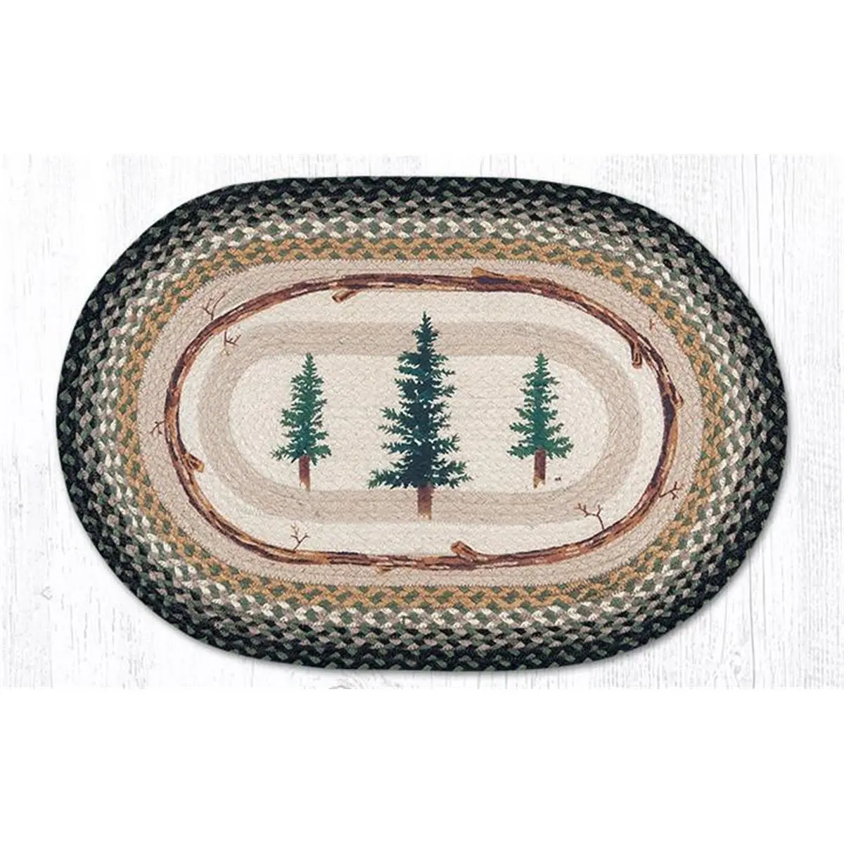 212 MAIN Oval Jute Rug - 20x30 in Tall Timbers Design, Braided-Look Hand-Stenciled Natural Jute Patch Rug