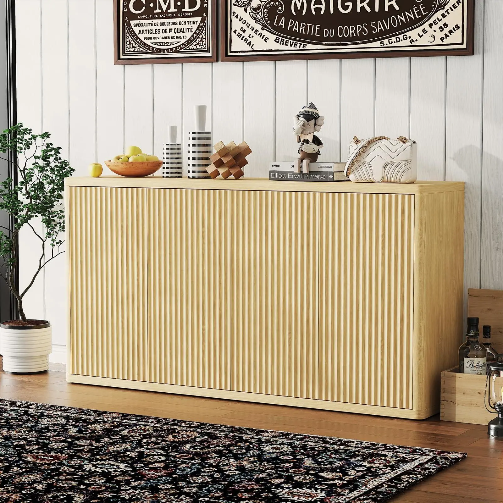 GARVEE 66.3 in Modern Fluted Sideboard Buffet Cabinet - 4-Door Natural Oak Accent Credenza with Storage Space for Living Room, Dining Room