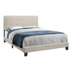 Beige Linen Upholstered Queen Bed Frame with Tufted Padded Headboard, Low Profile Platform Bed