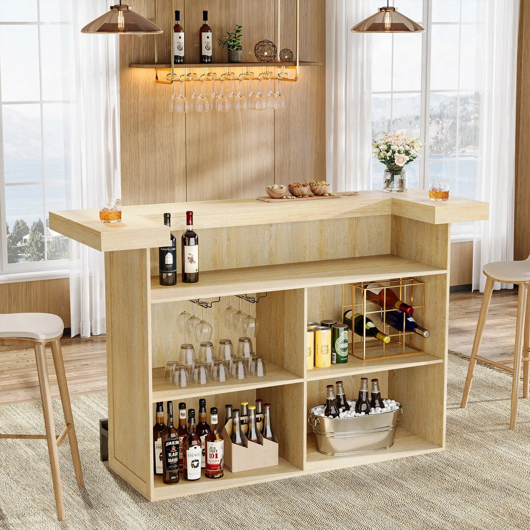 TRIBEWOOD 4-Tier Modern Wood Bar Table - 70.9" Wide Smooth Oak Home Bar Cabinet with Wine Glass Holder, Black Footrest, Storage Shelves for Kitchen, Dining Room, 70.9" Width