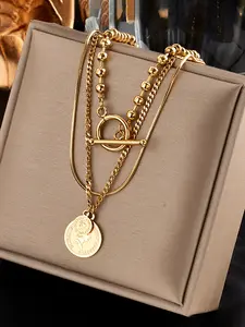 Three-Layer Pendant Necklace with Fringe Design, Elegant Stainless Steel Chain, Layered Necklaces, All Seasons Jewelry for Women